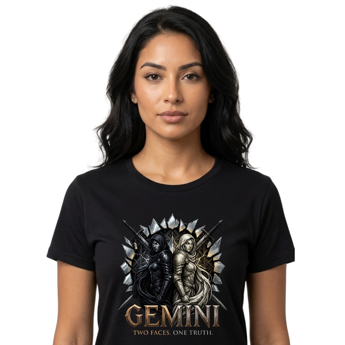Gemini Two Faces Graphic Streetwear Black T-Shirt Female model with long straight hair modeling a premium black graphic streetwear t-shirt featuring a detailed Gemini dual-warrior design by Essentia Collective..
