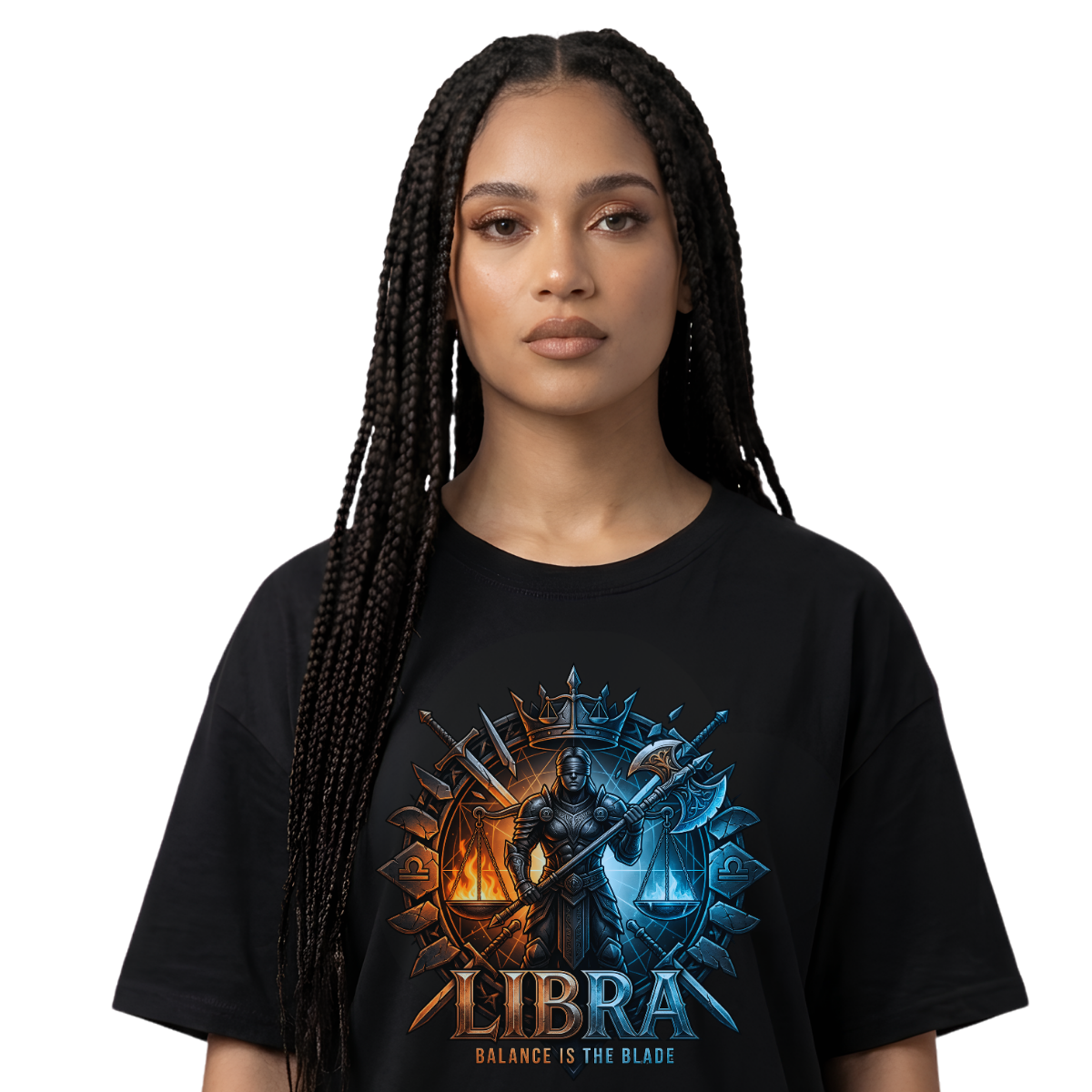 Female model wearing a premium black graphic streetwear t-shirt featuring a detailed Libra knight, scales of justice, and blades design by Essentia Collective.