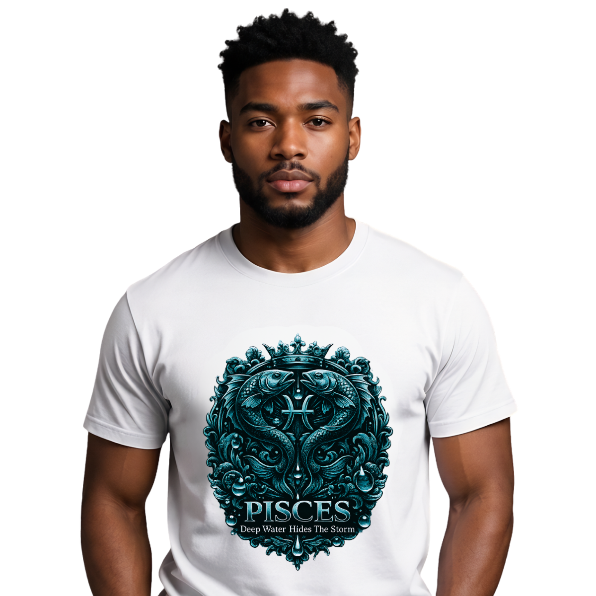 Pisces Zodiac White Graphic Streetwear T-Shirt Male model wearing a premium white graphic streetwear t-shirt featuring a detailed teal and metallic silver Pisces twin fish crest design by Essentia Collective