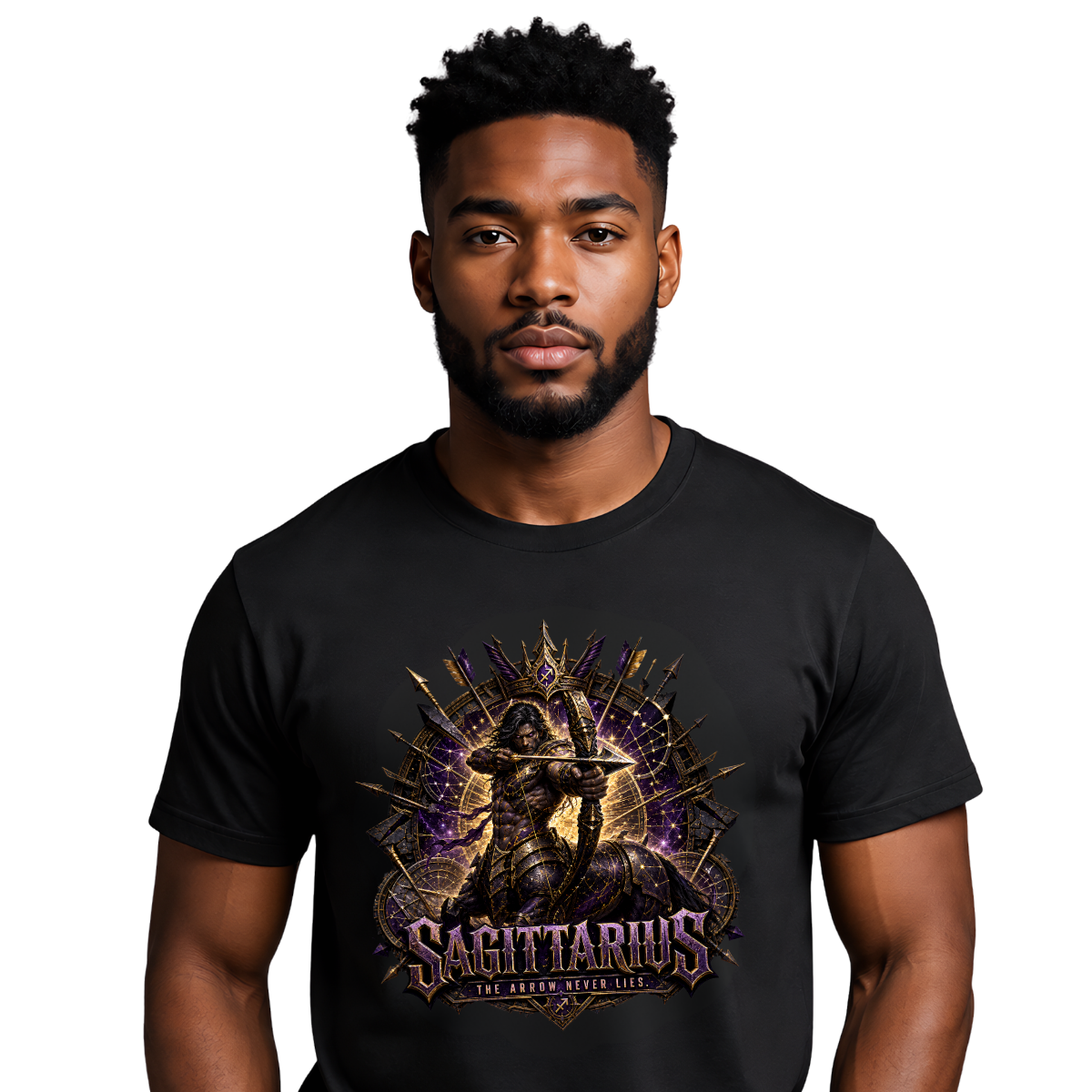 Male model wearing a premium black graphic streetwear t-shirt featuring a detailed Sagittarius archer design by Essentia Collective.