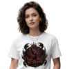 Model wearing the premium White Zodiac aesthetics streetwear t-shirt featuring a detailed Scorpio crown graphic design from Essentia Collective.