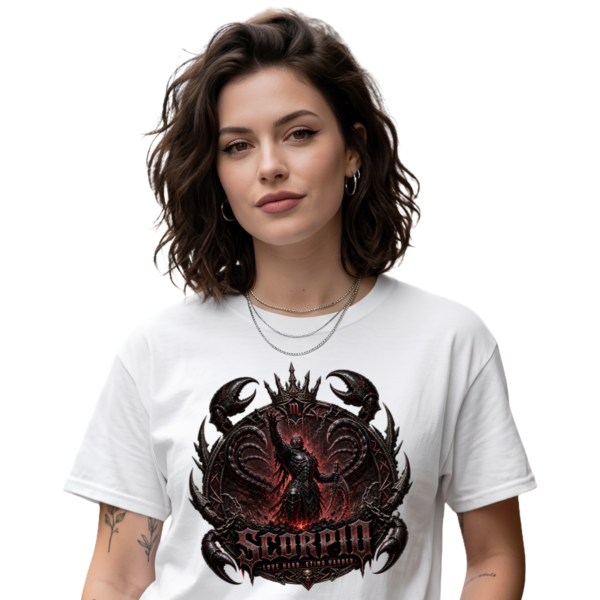 Model wearing the premium White Zodiac aesthetics streetwear t-shirt featuring a detailed Scorpio crown graphic design from Essentia Collective.