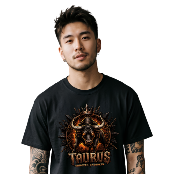 Male model with arm tattoos wearing a premium black graphic streetwear t-shirt featuring a detailed Taurus crown and charging bull design by Essentia Collective.