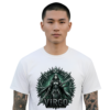 Male model wearing a premium white graphic streetwear t-shirt featuring a detailed chiseled Virgo warrior design by Essentia Collective.
