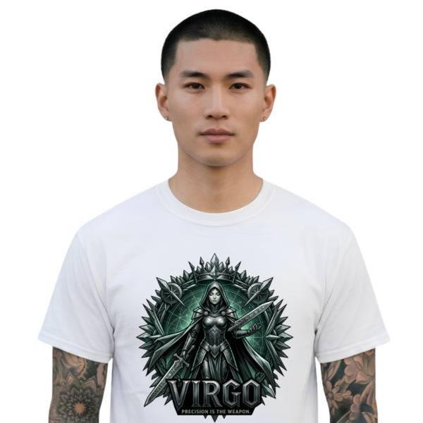 Male model wearing a premium white graphic streetwear t-shirt featuring a detailed chiseled Virgo warrior design by Essentia Collective.