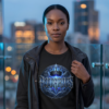Female model with pulled-back hair wearing a dark canvas jacket over a premium black graphic streetwear t-shirt featuring a detailed chiseled metal Aquarius crown and lightning design by Essentia Collective on a city rooftop.