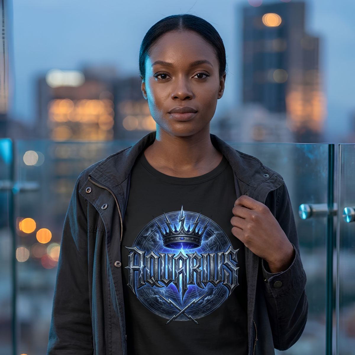 Female model with pulled-back hair wearing a dark canvas jacket over a premium black graphic streetwear t-shirt featuring a detailed chiseled metal Aquarius crown and lightning design by Essentia Collective on a city rooftop.