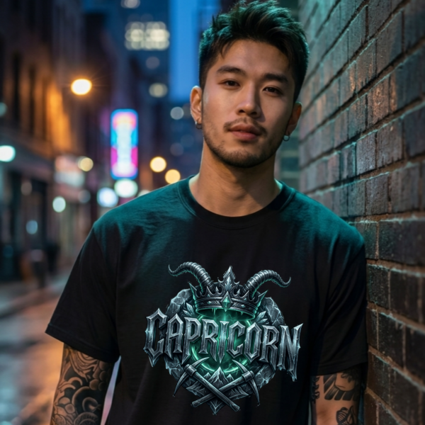 Male model with arm tattoos leaning against a brick alley wall at night wearing a premium black graphic streetwear t-shirt featuring a detailed chiseled Capricorn crown and horn design by Essentia Collective.