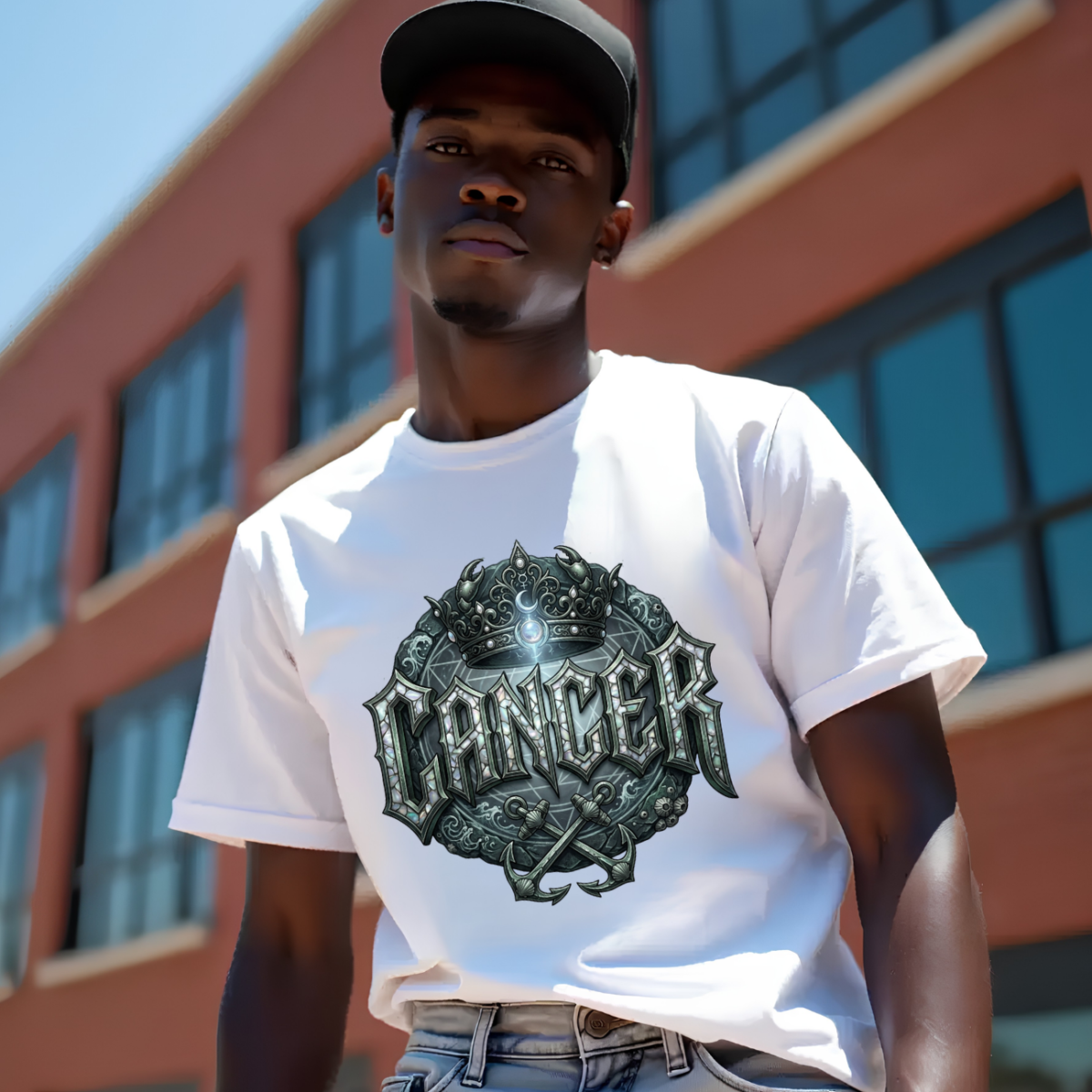 Male model with a black baseball cap looking down wearing a premium white graphic streetwear t-shirt featuring a detailed metallic silver Cancer crown and anchor design by Essentia Collective against a brick industrial building.