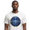 Male model wearing a premium white graphic streetwear t-shirt featuring a detailed Aquarius crown and tridents design by Essentia Collective.