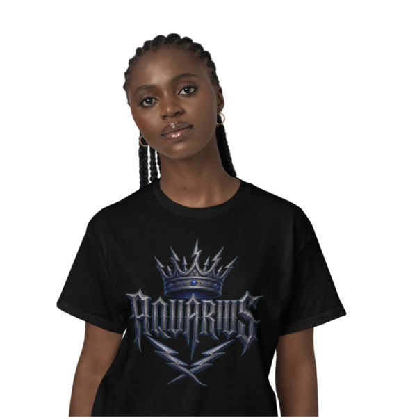 Model wearing Aquarius Destined to Inspire T-Shirt front gothic zodiac design