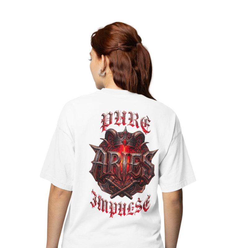 Model displaying back graphic of the Aries Pure Impulse Gothic T-shirt