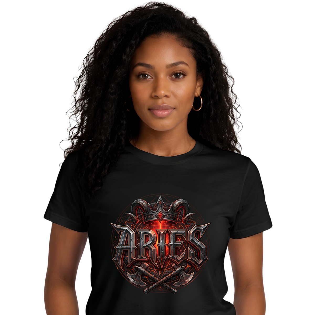 Aries Crown Graphic Streetwear Black T-Shirt Female model wearing a premium black graphic streetwear t-shirt featuring a detailed Aries crown and crossed axes design by Essentia Collective.