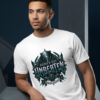 Broken But Unbeaten Studio White Streetwear T-Shirt Male model leaning against a modern geometric studio pillar, wearing a premium white graphic streetwear t-shirt featuring a bold gothic teal and iron Broken But Unbeaten graphic by Essentia Collective.
