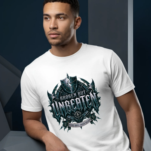 Broken But Unbeaten Studio White Streetwear T-Shirt Male model leaning against a modern geometric studio pillar, wearing a premium white graphic streetwear t-shirt featuring a bold gothic teal and iron Broken But Unbeaten graphic by Essentia Collective.