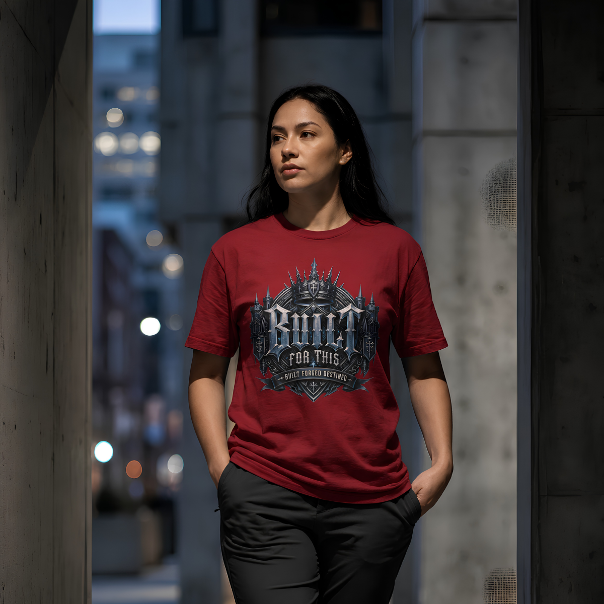 Female model with long dark hair walking through a concrete urban passageway at dusk, wearing a cardinal red graphic streetwear t-shirt featuring a detailed gothic fortress Built For This design by Essentia Collective.