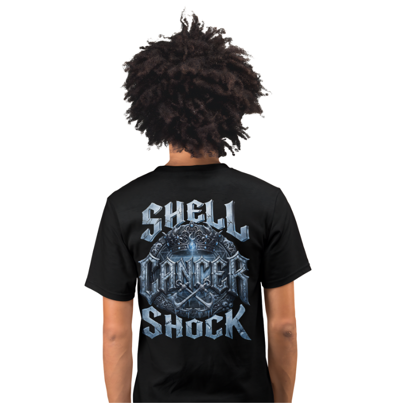 Model wearing Cancer Shell Shock T-Shirt oversized back graphic