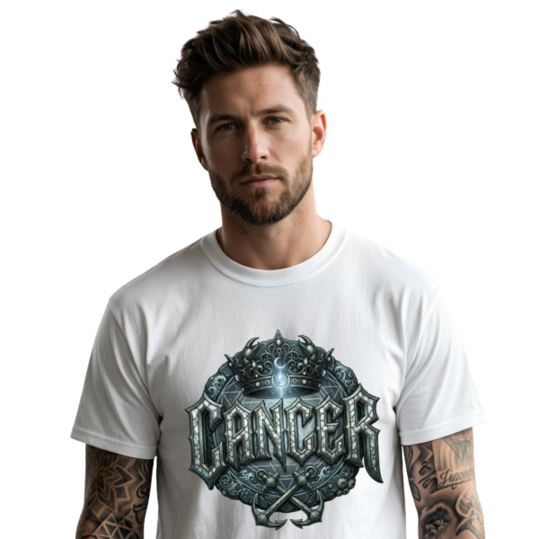 Male model wearing a premium white graphic streetwear t-shirt featuring a detailed metallic silver Cancer crown and anchor design by Essentia Collective against a brick industrial building.