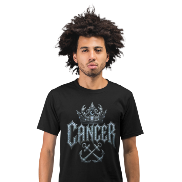 Model wearing Cancer Shell Shock T-Shirt front gothic zodiac design