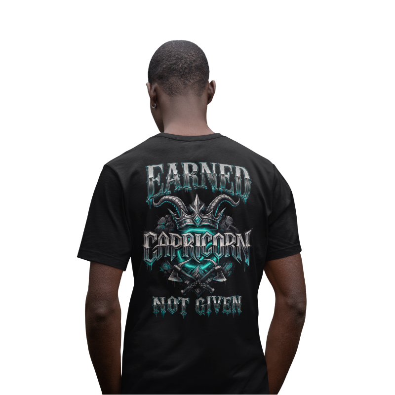 Model wearing Capricorn Earned Not Given gothic streetwear T-shirt