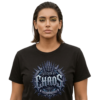 Chiseled By Chaos Black Streetwear T-Shirt Female model with slicked-back dark hair and gold eyeshadow standing against an isolated white background, wearing a premium black graphic streetwear t-shirt featuring a detailed ice-blue and iron Chiseled By Chaos graphic by Essentia Collective.