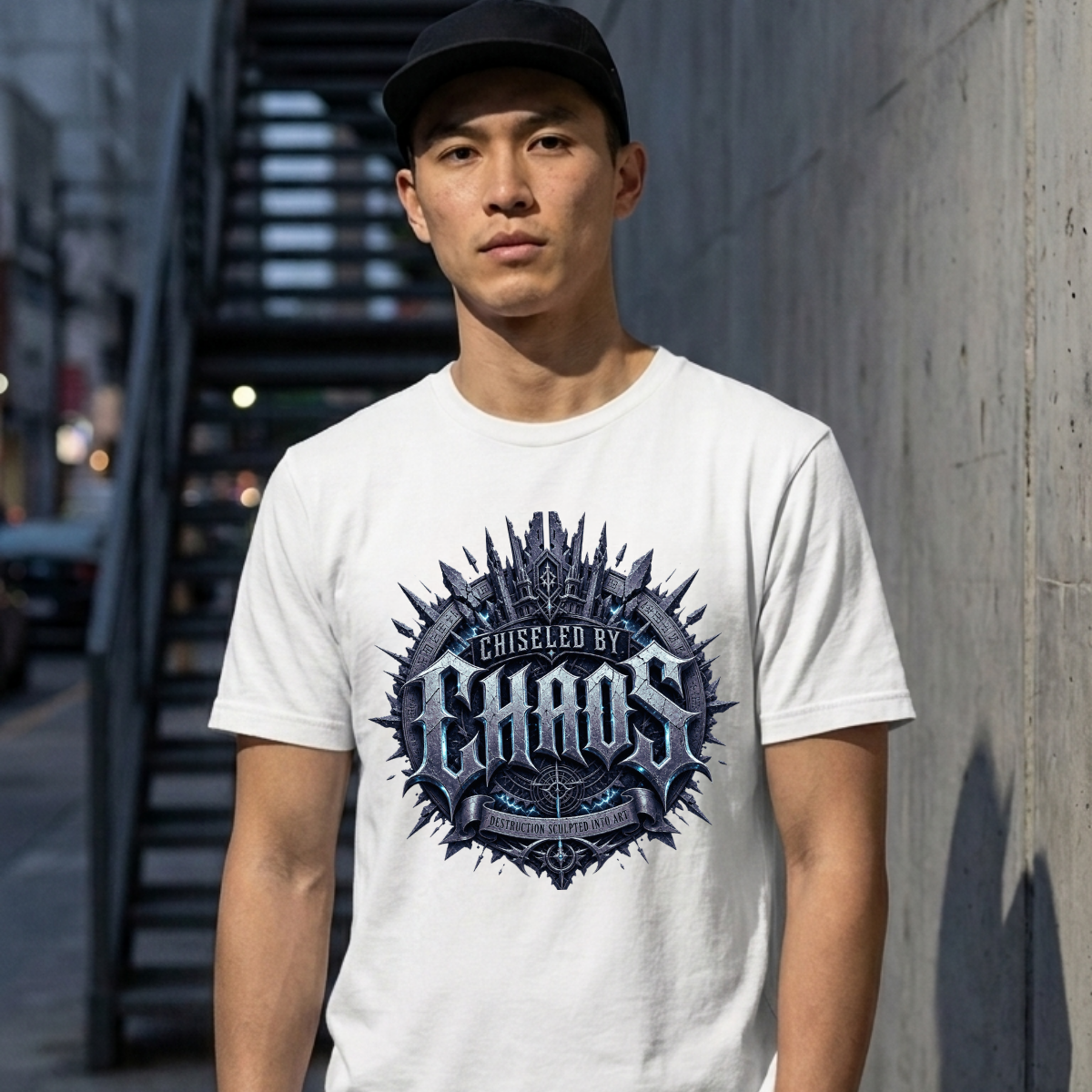 Male model wearing a black baseball cap standing in an urban alley in front of a metal staircase, wearing a structured white graphic streetwear t-shirt featuring a bold Chiseled By Chaos chest design by Essentia Collective.