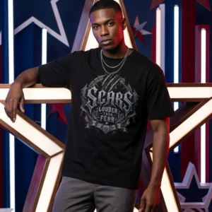male model wearing a black premium Essentia Collective graphic t-shirt with a metallic gothic chest graphic reading Scars Louder Than Fear, leaning against large illuminated neon star structures.