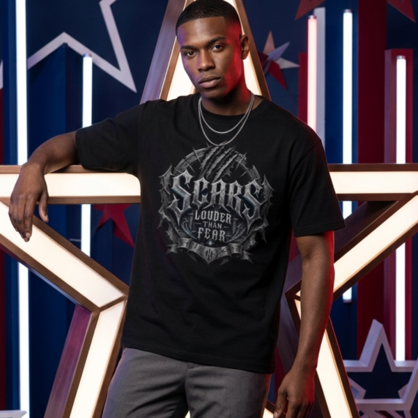 male model wearing a black premium Essentia Collective graphic t-shirt with a metallic gothic chest graphic reading Scars Louder Than Fear, leaning against large illuminated neon star structures.