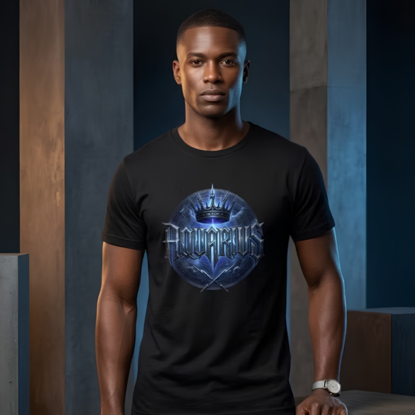 Male model standing in an industrial studio wearing a premium black graphic streetwear t-shirt featuring a detailed Aquarius crown and tridents design by Essentia Collective.