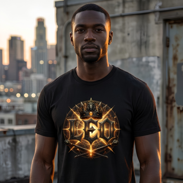 Male model on an industrial rooftop wearing a premium black graphic streetwear t-shirt featuring a detailed Leo royal crown and scepters design by Essentia Collective.