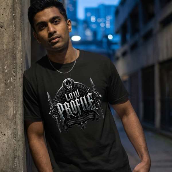Low Profile Urban Black Streetwear T-Shirt male model wearing a silver chain necklace, leaning against a weathered concrete pillar in a dim city alleyway at dusk while wearing a black graphic streetwear t-shirt with a metallic Low Profile design.