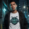 Male model wearing a premium white graphic streetwear t-shirt featuring a detailed Capricorn crown design by Essentia Collective.
