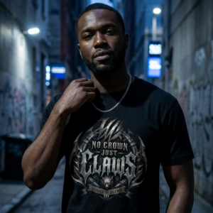 male model standing in a dark gritty urban alleyway at night wearing a black premium Essentia Collective graphic streetwear t-shirt with a metallic gothic emblem that reads No Crown Just Claws.