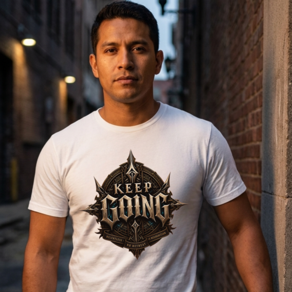 male model looking forward while standing in a narrow brick alleyway at dusk, wearing a structured white graphic streetwear t-shirt featuring a bold bronze and gold Keep Going chest design by Essentia Collective.