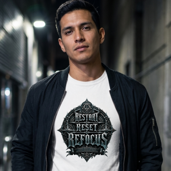 Male model wearing a white Essentia Collective t-shirt under a black bomber jacket, featuring a black gothic graphic reading Restart Reset Refocus, set in a dark urban alleyway.