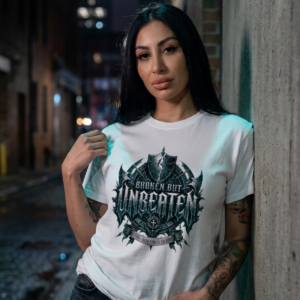 Tattooed female model with long straight dark hair leaning against a rough concrete alley wall at night, wearing a premium white streetwear t-shirt featuring a detailed gothic shield design with the text Broken But Unbeaten by Essentia Collective.