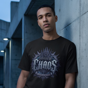 Male model leaning against a modern concrete wall structure at twilight, wearing a premium black graphic streetwear t-shirt featuring a detailed chiseled ironwork Chiseled By Chaos emblem design by Essentia Collective.