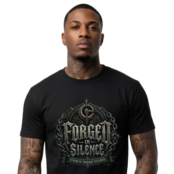 Male model with neck and arm tattoos looking forward against an isolated plain white background, wearing a premium black graphic streetwear t-shirt featuring a highly detailed Forged In Silence metallic emblem.