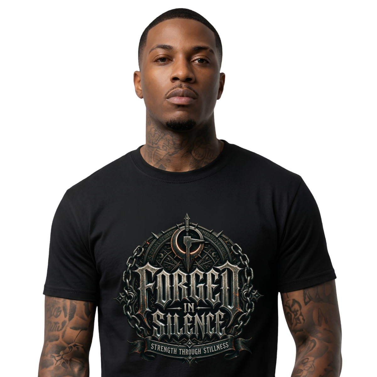 Male model with neck and arm tattoos looking forward against an isolated plain white background, wearing a premium black graphic streetwear t-shirt featuring a highly detailed Forged In Silence metallic emblem.