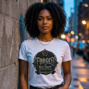 Female model with voluminous curly hair leaning against a textured stone building wall at dusk, wearing a structured white graphic streetwear t-shirt with a bold circular Forged In Silence design.