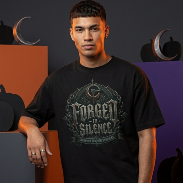 Male model standing in a dark creative studio environment with geometric orange and purple accent blocks, wearing a premium black graphic streetwear t-shirt with a detailed silver and bronze Forged In Silence emblem design.
