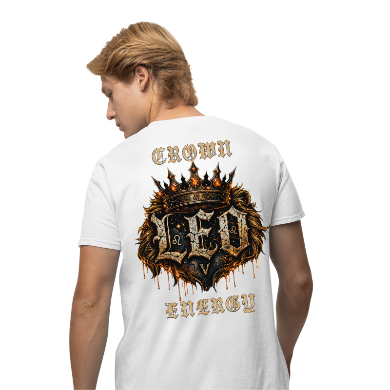 Model wearing Leo Crown Energy gothic streetwear back graphic T-shirt