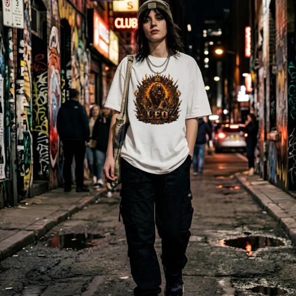 Female model wearing a green beanie, a thick silver chain necklace, black oversized cargo pants, and a premium white graphic streetwear t-shirt featuring a roaring golden Leo lion design by Essentia Collective walking down a dark, wet urban alleyway at night.