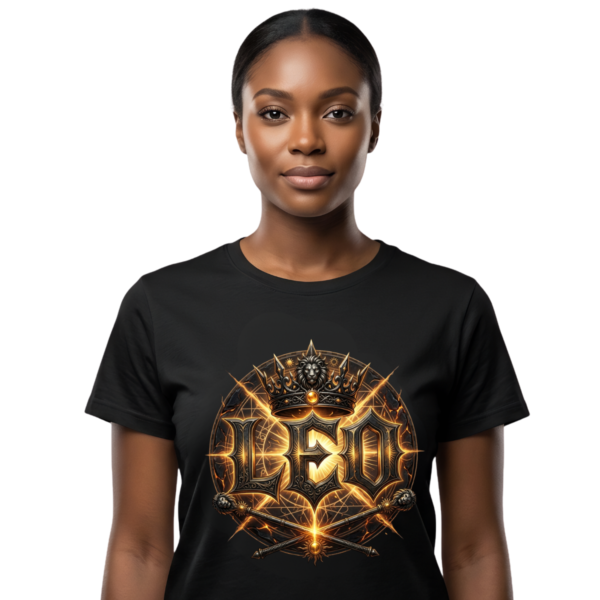Female model wearing a premium black graphic streetwear t-shirt featuring a detailed Leo royal crown and scepters design by Essentia Collective.