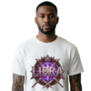 Libra Crown Graphic Streetwear White T-Shirt Male model wearing a premium white graphic streetwear t-shirt featuring a detailed Libra crown, scales, and blades design by Essentia Collective.