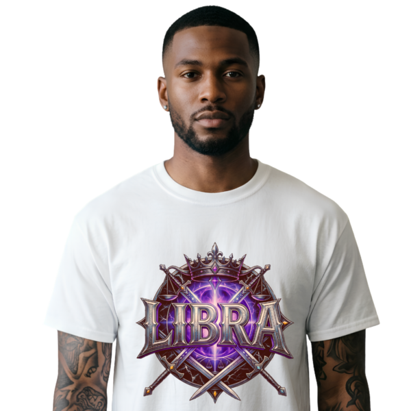 Libra Crown Graphic Streetwear White T-Shirt Male model wearing a premium white graphic streetwear t-shirt featuring a detailed Libra crown, scales, and blades design by Essentia Collective.