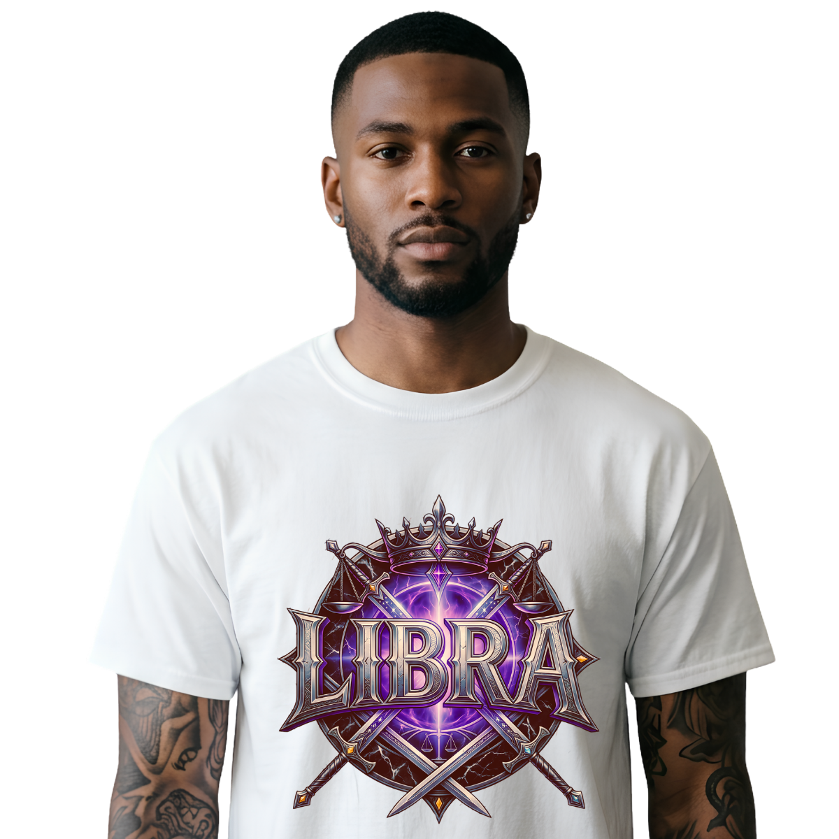 Libra Crown Graphic Streetwear White T-Shirt Male model wearing a premium white graphic streetwear t-shirt featuring a detailed Libra crown, scales, and blades design by Essentia Collective.