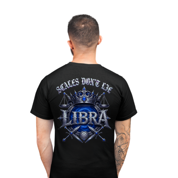 Model wearing Libra Scales Don’t Lie gothic back design streetwear T-shirt