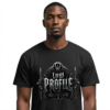 Low Profile Gothic Graphic Black Streetwear T-Shirt male model looking directly forward against an isolated plain white background, wearing a premium black graphic streetwear t-shirt featuring a highly detailed silver and iron Low Profile chest design.