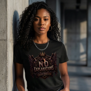 female model with long curly hair leaning against a raw concrete pillar in a minimalist urban setting, wearing a black Essentia Collective graphic tee featuring a detailed bronze and purple gothic chest graphic reading No Explanations.